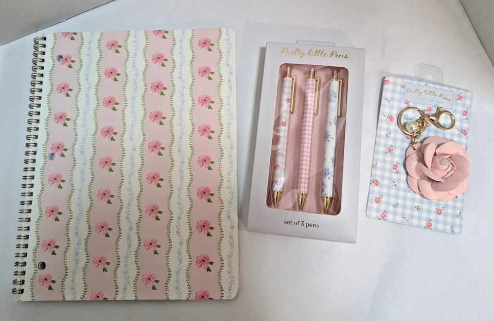 Rose Floral Notebook Recess Club Key Fob/Bag Charm and 3 Pen Set NEW